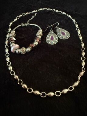 Vintage Purple Silver Tone Jewelry Set Teardrop Earrings Necklace Charm Bracelet